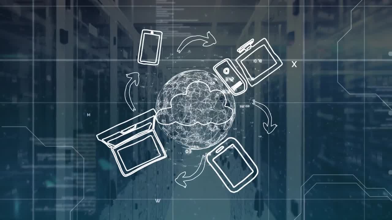 animación del globo con iconos y procesamiento de datos a través de servidores informáticos.