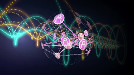 animación de conexiones de red y procesamiento de datos a través de formas de onda coloridas