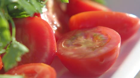 close-up of sliced cherry tomatoes