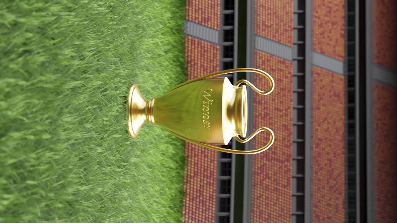 Trofeo del torneo nello stadio, rendering 3D, video verticale con spazio per il testo