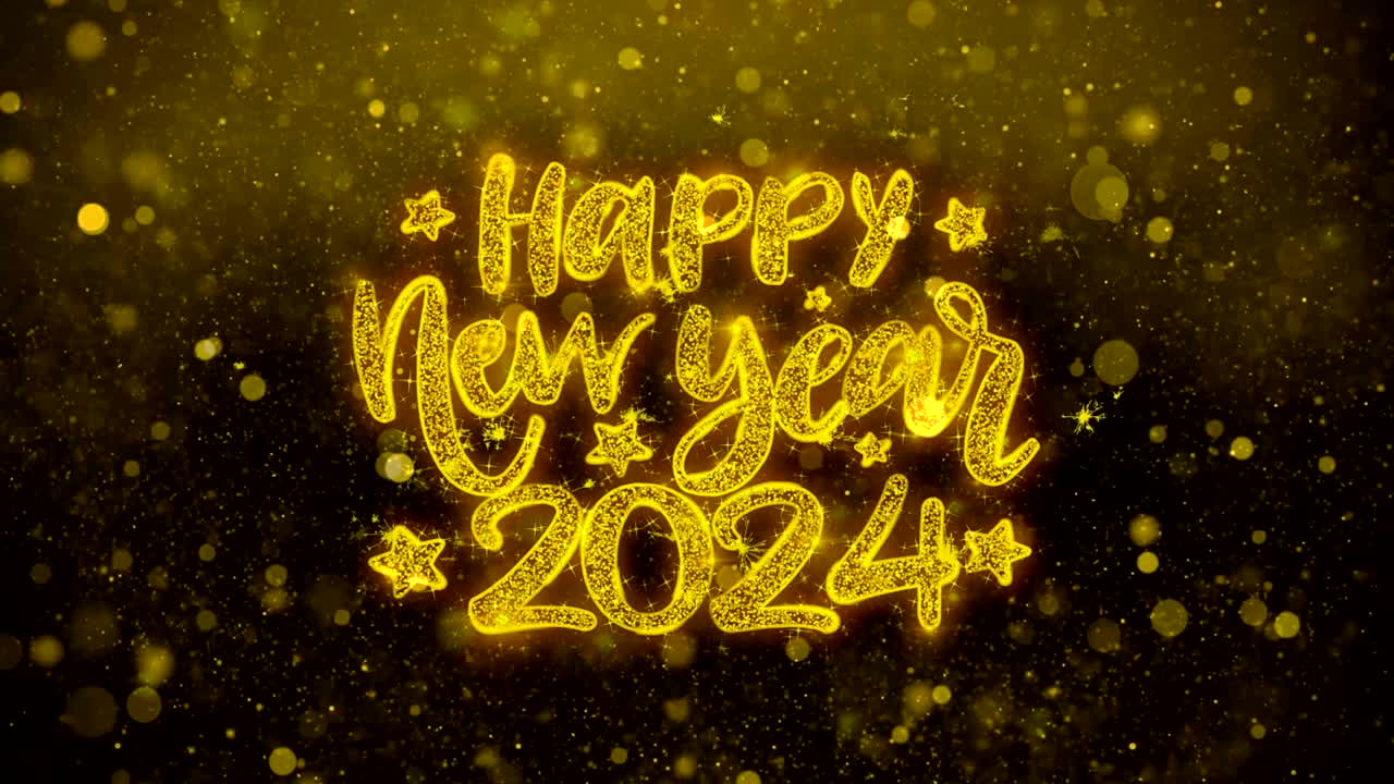 feliz año nuevo 2024 texto de deseos en brillo dorado partículas de brillo animación