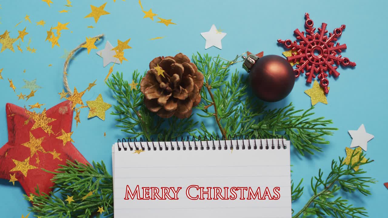 animación de felicitaciones navideñas sobre estrellas flotantes y decoraciones navideñas