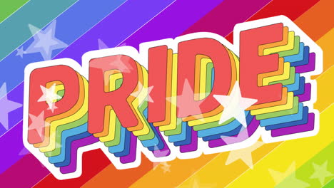 animation of pride lgbtq text and stars falling over rainbow background