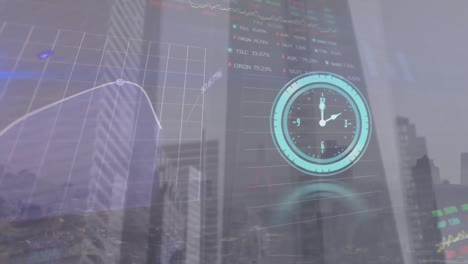 Animation-of-neon-ticking-clock-and-stock-market-data-processing-against-tall-buildings