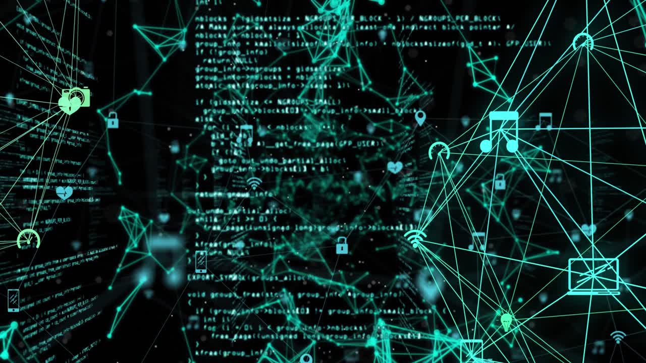 animación de la interfaz que muestra la red de iconos de medios conectados e información en negro