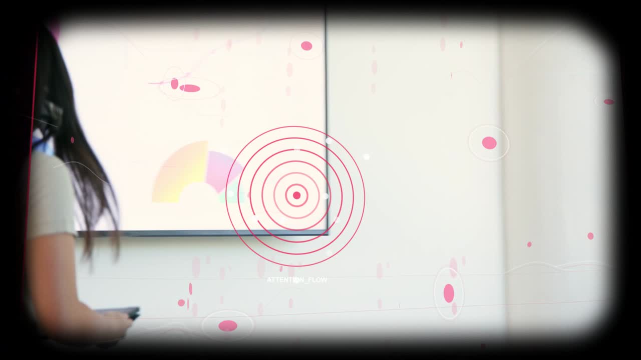Woman tapping tablet and presenting, converting meeting into business pitch with pink HUD pie-chart