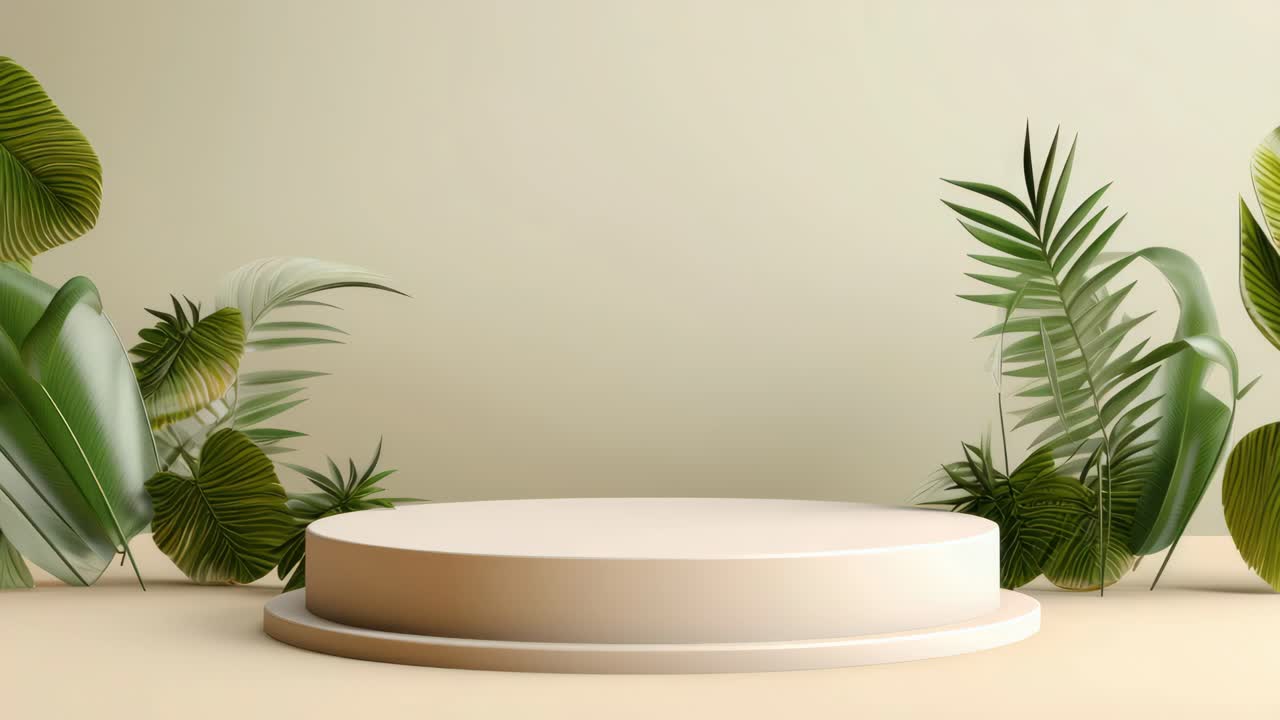 Minimalist video concept with a round podium surrounded by lush green leaves