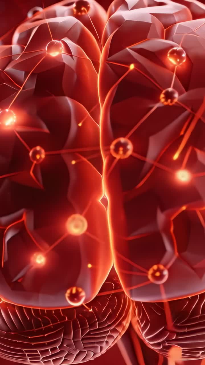Video verticale: Cervello 3D che ruota, che si avvia, con nodi che pulsano e mostra segnali in studio.