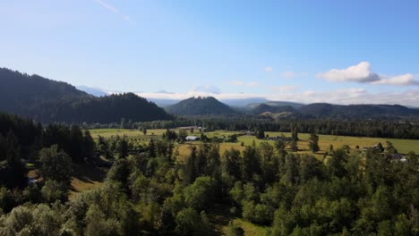 Aerial-establishing-shot-of-rural-farmland-in-Washington-with-mount-Rainier