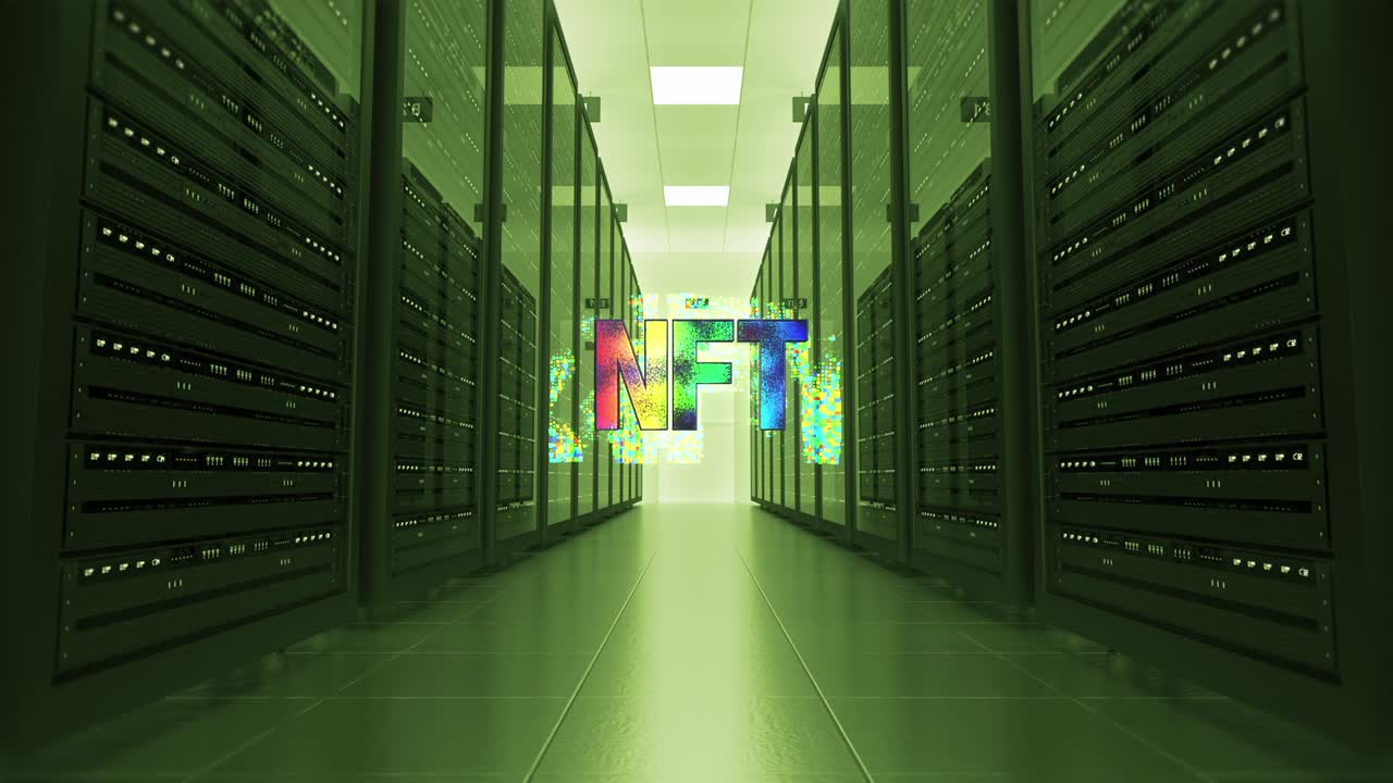 Digital Crypto Art NFT Symbol In Futuristic Datacenter.
