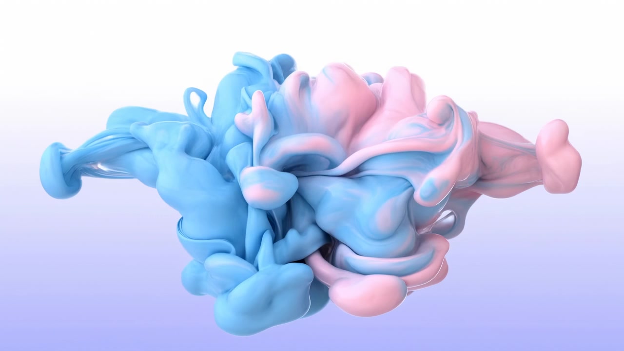 Two glossy amorphous pastel blue and pink liquid forms meet in frontal closeup, compressing, folding, stretching, and streaking while retaining smooth surfaces, soft gradients, and reflective studio