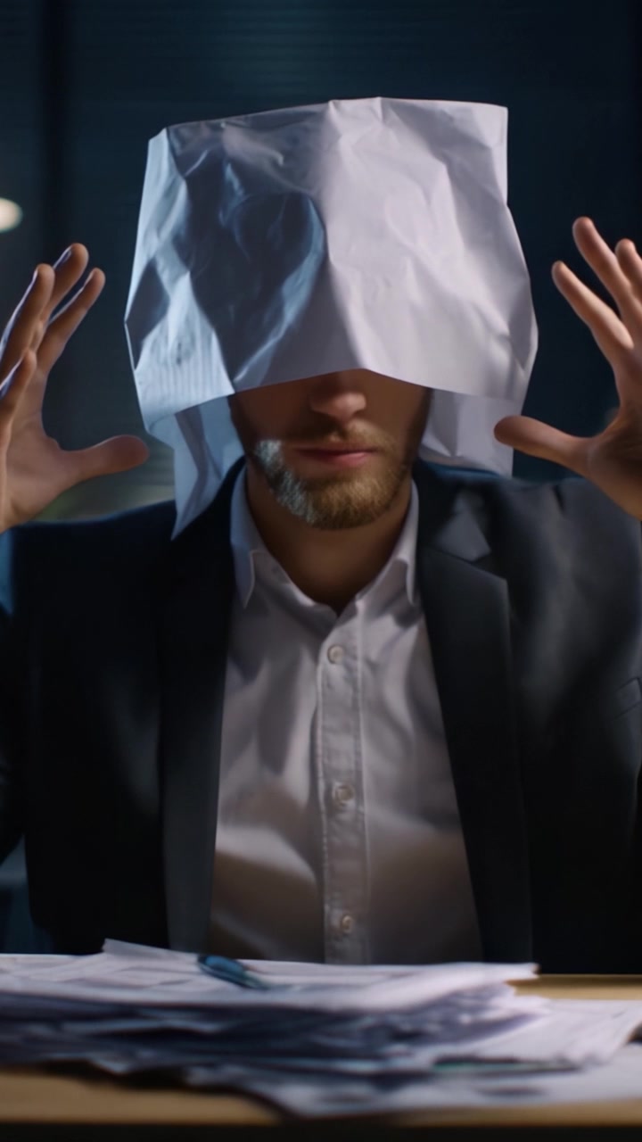 Un uomo oscurato da un cappello di carta stropicciato esprime frustrazione, circondato da documenti sparsi in un ufficio scarsamente illuminato, simboleggiando confusione e sopraffazione.