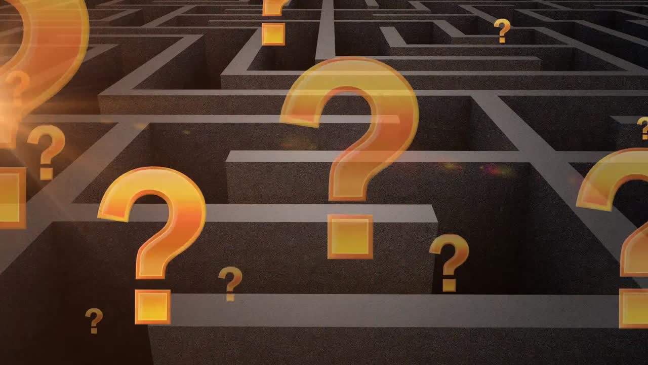 animación de signos de interrogación naranjas flotando sobre el laberinto gris