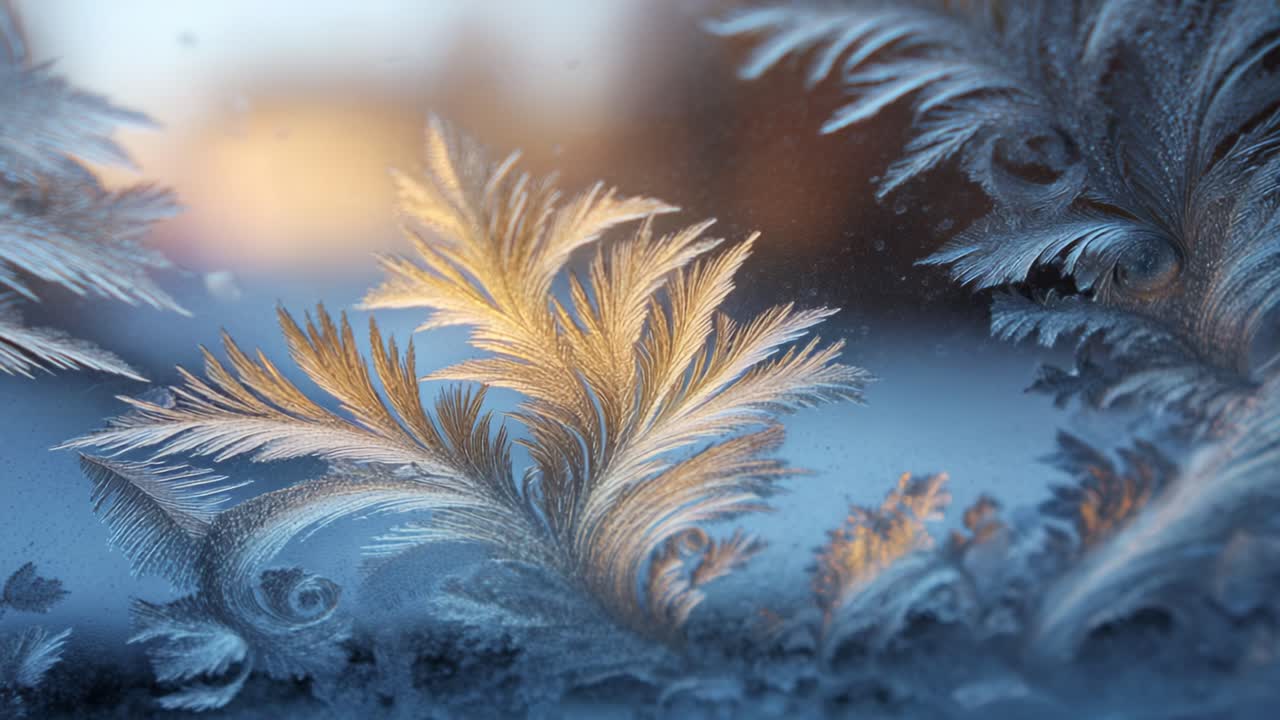 Indviklede iskrystaller dannes på glasset, når sollyset filtreres igennem, hvilket skaber en fantastisk, naturlig fremvisning af frostklare mønstre og smukke teksturer