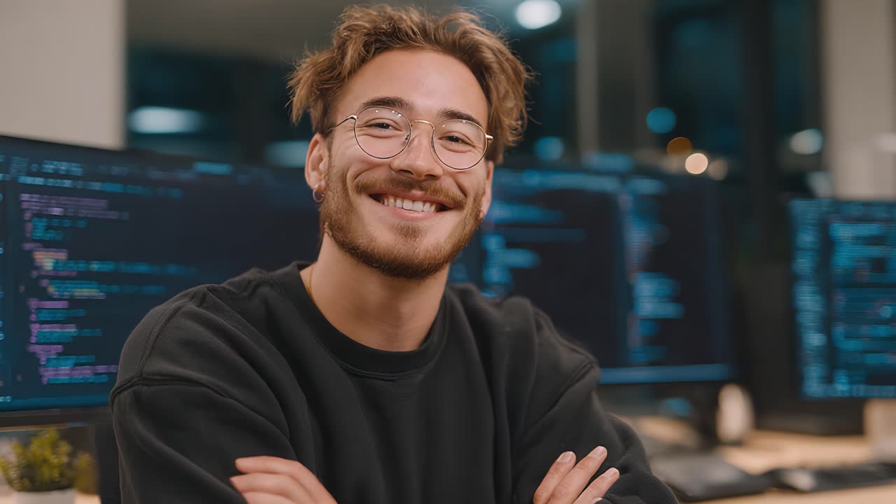 A happy young man with glasses smiles confidently while sitting in a modern office setup surrounded by multiple computer monitors displaying coding screens