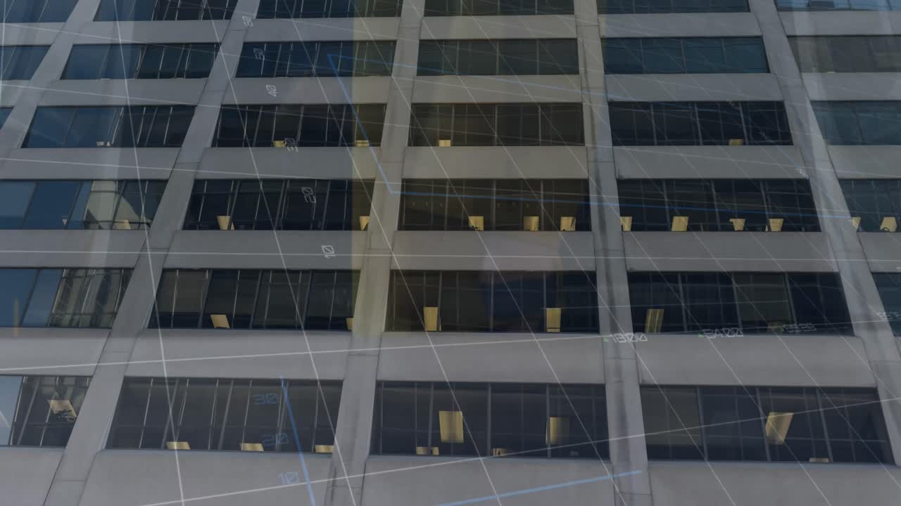 animación de gráficos financieros y datos sobre edificios de oficinas