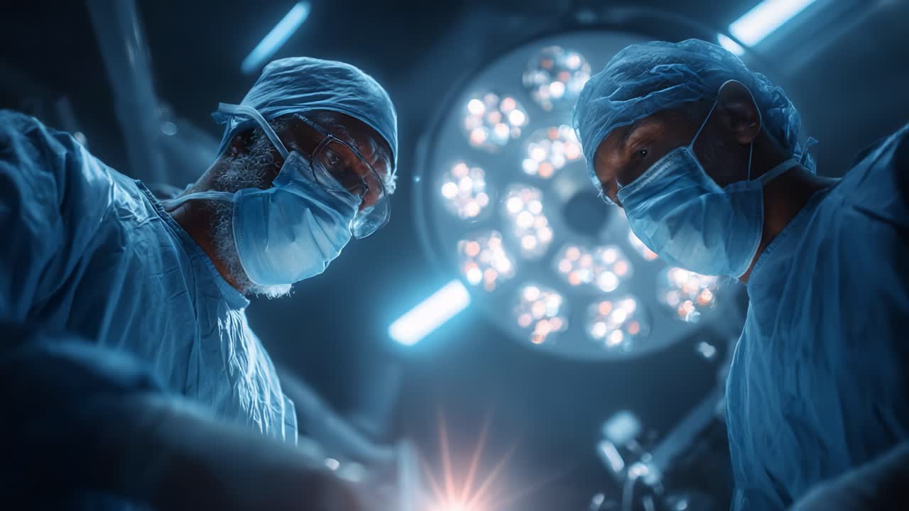 Kirurgisk præcision og fokus: To kirurger i aktion under skarpt operationslys, der udviser ekspertise og teamwork i operationsstuen