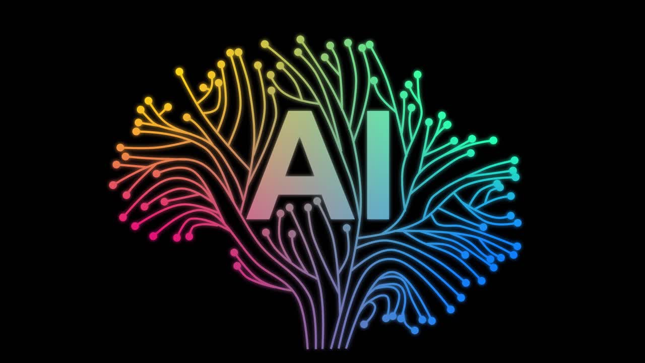 Colorful Human Brain With AI Text Made Of Circuit Board Traces