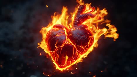 un corazón en llamas sobre un fondo negro