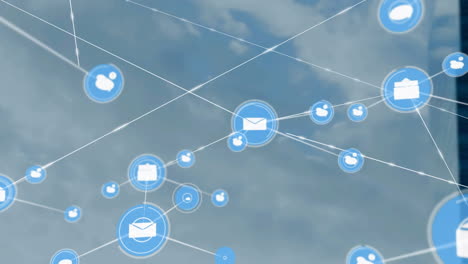 Animation of network of connections with icons over modern building