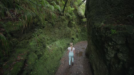 lush green moss rock canyon with athletic woman walking through, touching wall, jib shot