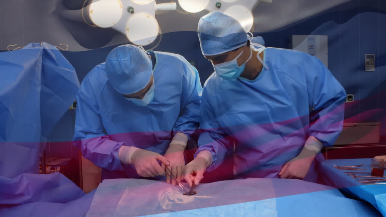animación de la bandera de rusia ondeando sobre los cirujanos en el quirófano