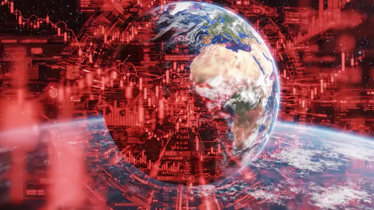 Uma representação deslumbrante da Terra entrelaçada com tecnologia digital, ilustrando a fusão do nosso planeta com sobreposições de dados futuristas e arredores cósmicos em tons vibrantes de vermelho