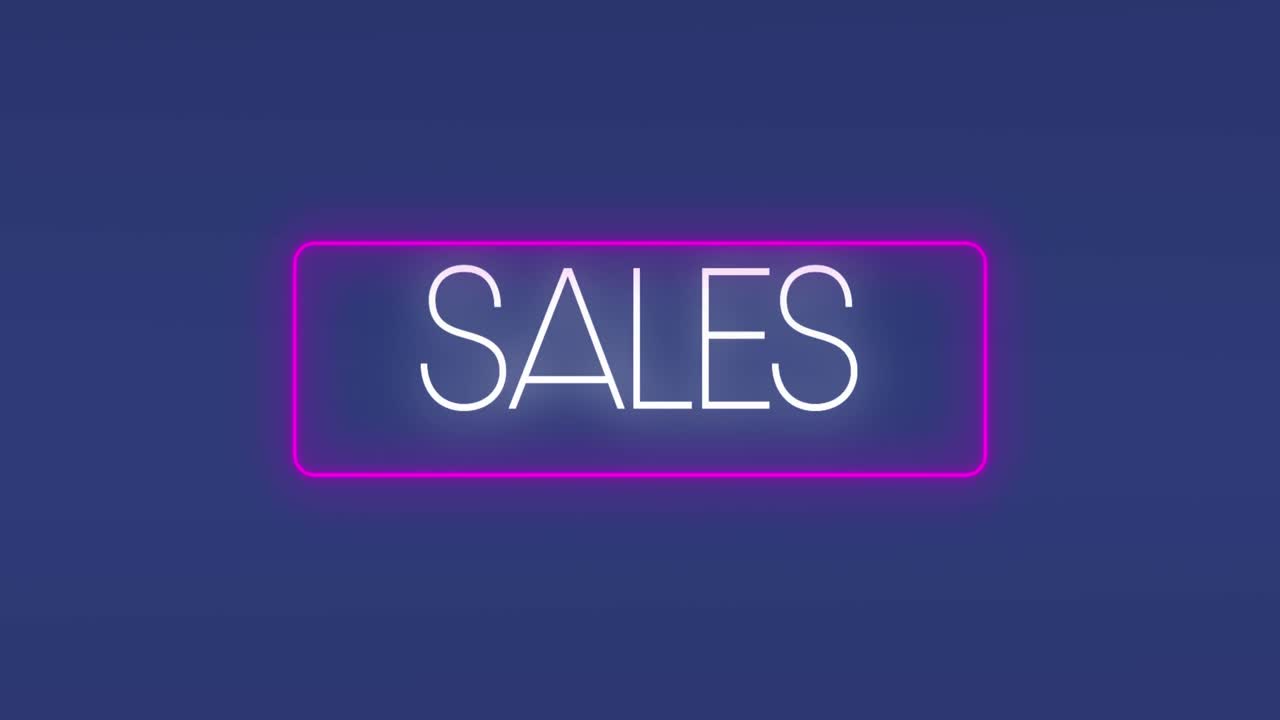 animación del texto de ventas sobre una pancarta púrpura de neón contra un fondo azul.