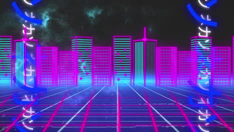 animación de símbolos sobre la ciudad digital