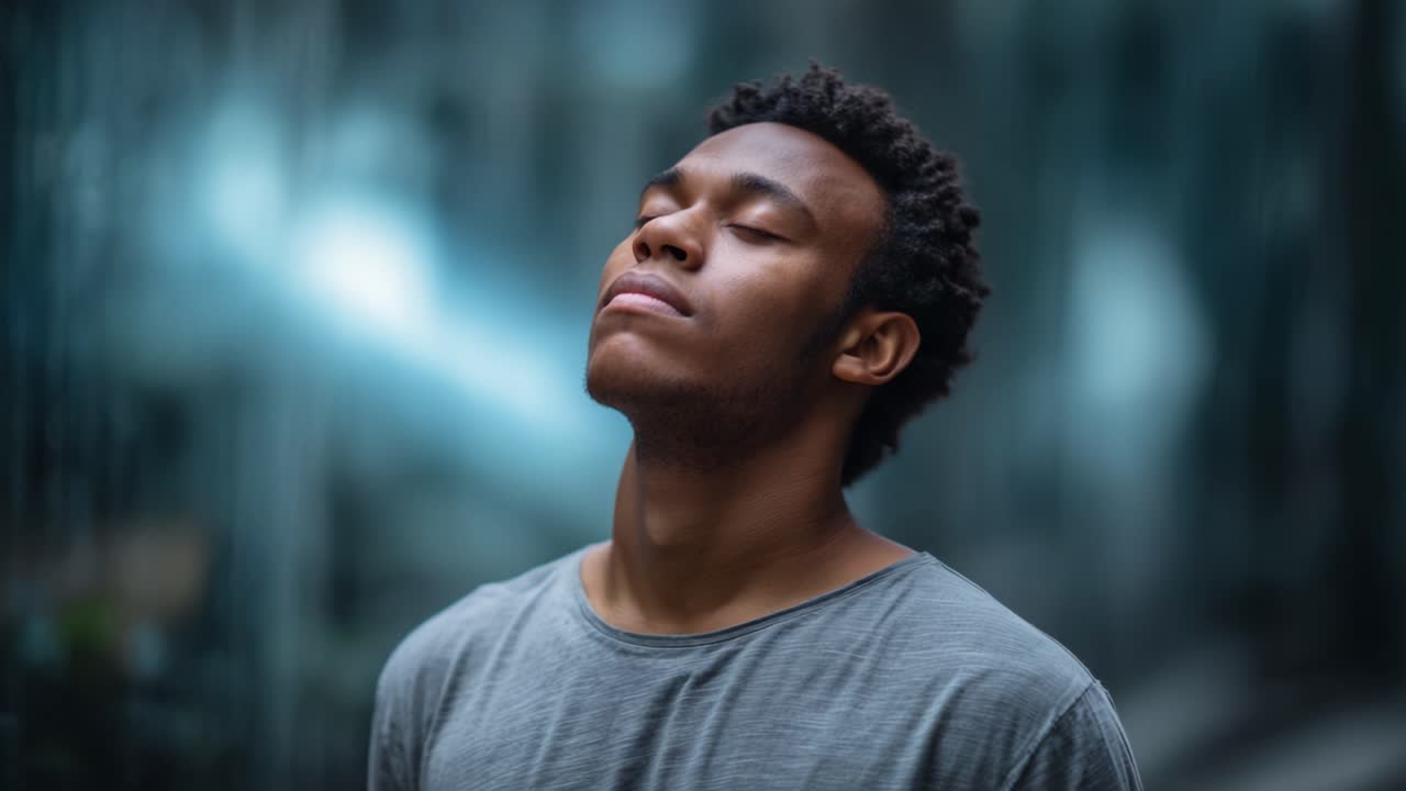 A contemplative young man stands still with eyes closed, soaking in the serene atmosphere around him, representing peace, reflection, and inner calmness