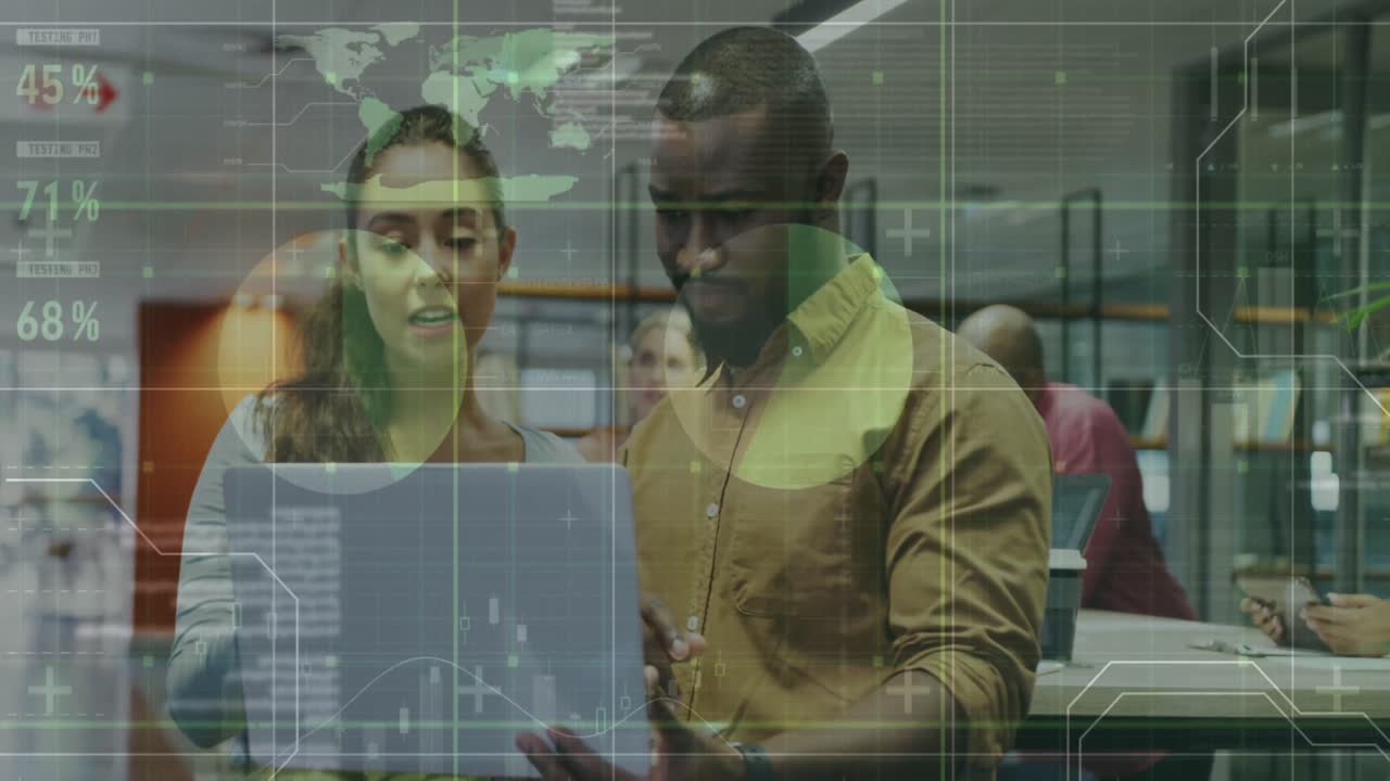 Animation of financial data processing over diverse business people working at office