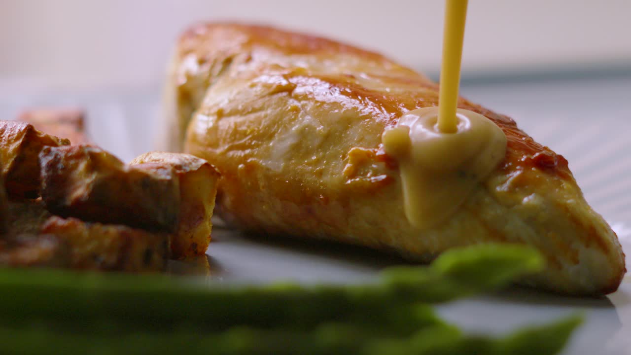 Slow Motion of Peppercorn Sauce Being Poured on Pan Fried Chicken Fillet with Asparagus and Parmentier Potatoes. High Quality Restaurant Food Footage.