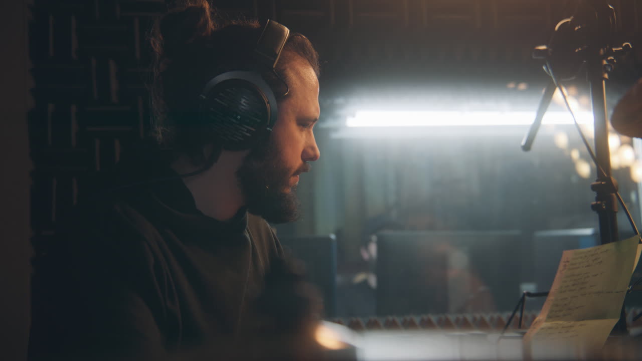 Male musician in headphones plays the drums. Professional drummer records composition in sound recording studio. Audio engineer on background. Work in music recording room. Music production concept.