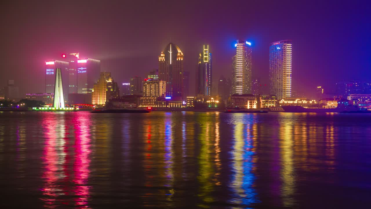 야간 조명: 상하이 시내 풍경, 강변 만 파노라마, 4k 타임스, 중국