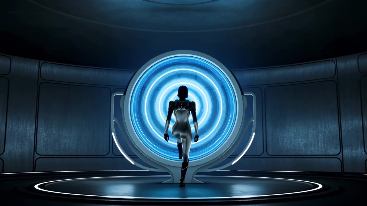 Cyborg che entra in un portale blu pulsante, scena di corridoio high-tech con anelli neon concentrici rotanti.