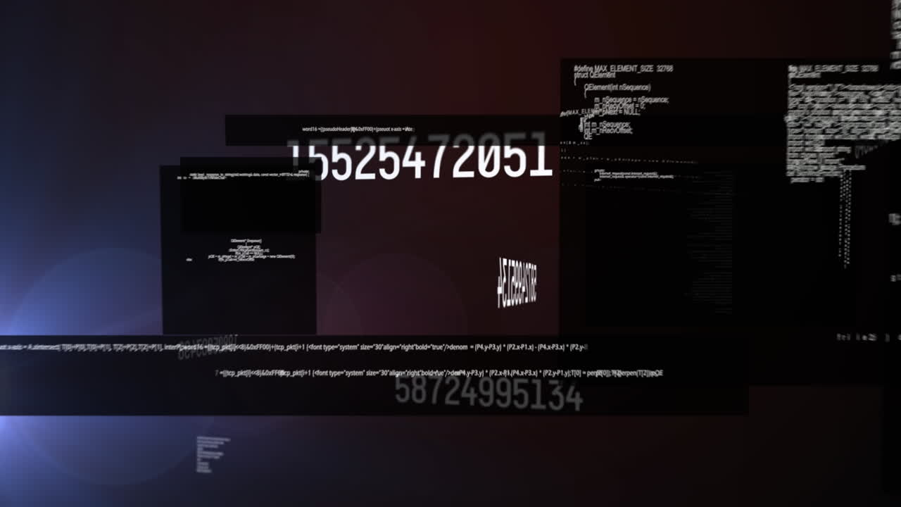 Animation of changing numbers and lens flares over computer language against black background