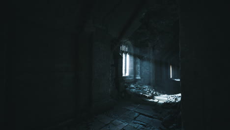 atmospheric light streaming through a broken window in an ancient building