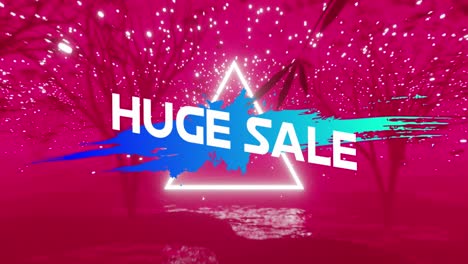 Animation-of-huge-sale-text,-white-triangle-and-abstract-shapes-over-pink-trees-and-lights