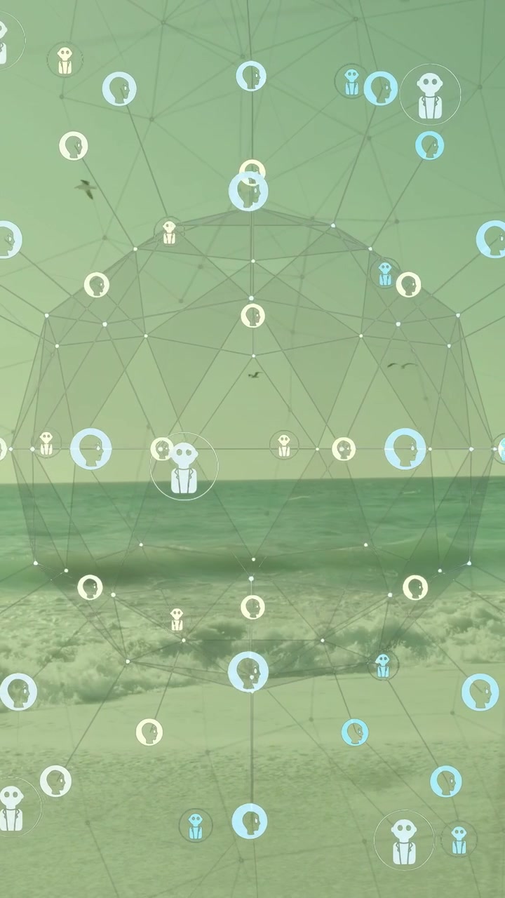 Video verticale: Sovrapposizione di rete che si attiva su una costa, una cupola e nodi che fluttuano e pulsano per i collegamenti.