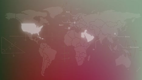 Animación-Del-Procesamiento-De-Datos-Y-Ecuaciones-Matemáticas-Sobre-El-Mapa-Mundial-Sobre-Fondo-Degradado-Púrpura