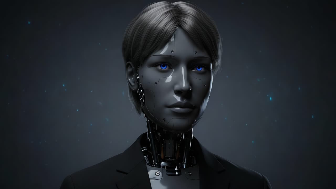 A Futuristic Humanoid Robot with Metallic Features and Striking Blue Eyes, Presenting a Unique Blend of Technology and Realism in a Darkened Atmosphere