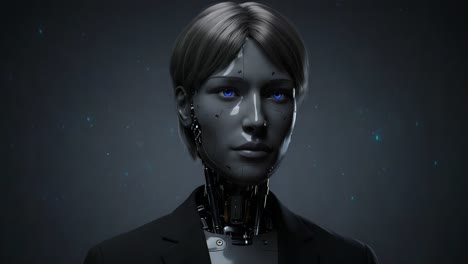 a futuristic humanoid robot with metallic features and striking blue eyes, presenting a unique blend of technology and realism in a darkened atmosphere