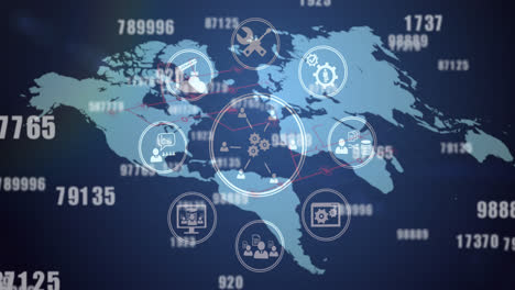 red de iconos digitales y múltiples números cambiantes contra el mapa del mundo en fondo azul