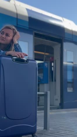 a female traveler sleeps on a suitcase while waiting for a train at a railway station. concept of tourism. vertical video