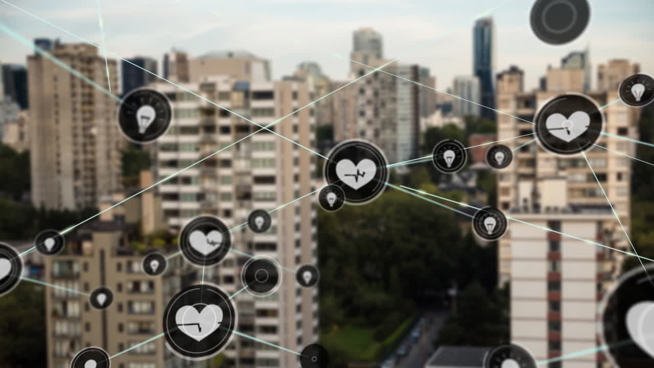 도시 풍경 위의 아이콘으로 연결된 네트워크의 애니메이션