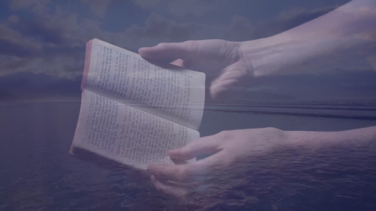 Holding open book over ocean with cloudy sky in background, person reading animation