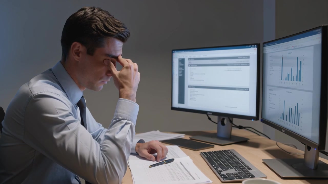 Reading screen grayshirt man pinching nose from strain, looking at dual screens at desk, copy space