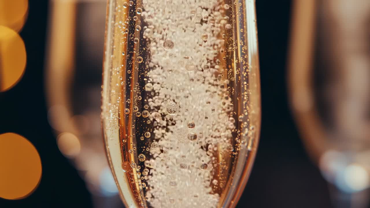 Beginning CO2 release, champagne flute releasing bubbles and foam at bar, amber lights