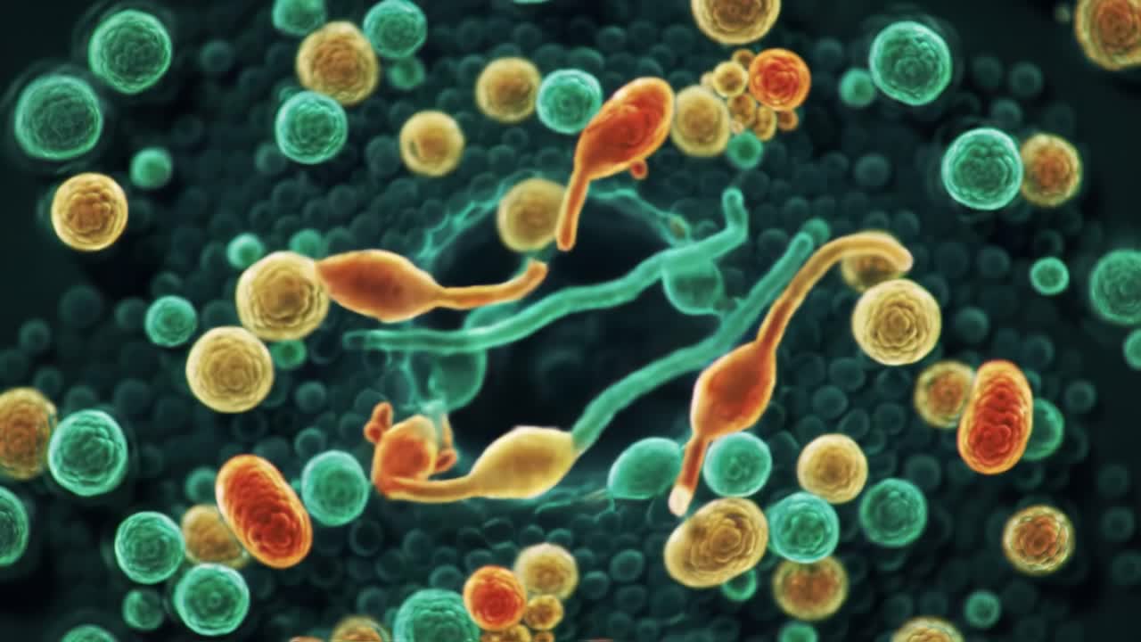 Discover the intricate behaviors of microorganisms in a vibrant ecosystem. Observe their interactions and the role they play in sustaining life at a microscopic level.