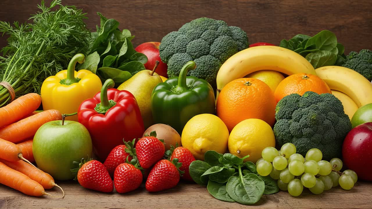 A Vibrant Array of Fresh Vegetables and Fruits Displayed Against a Natural Wood Background, Showcasing a Healthy Culinary Inspiration and Nutritional Variety.